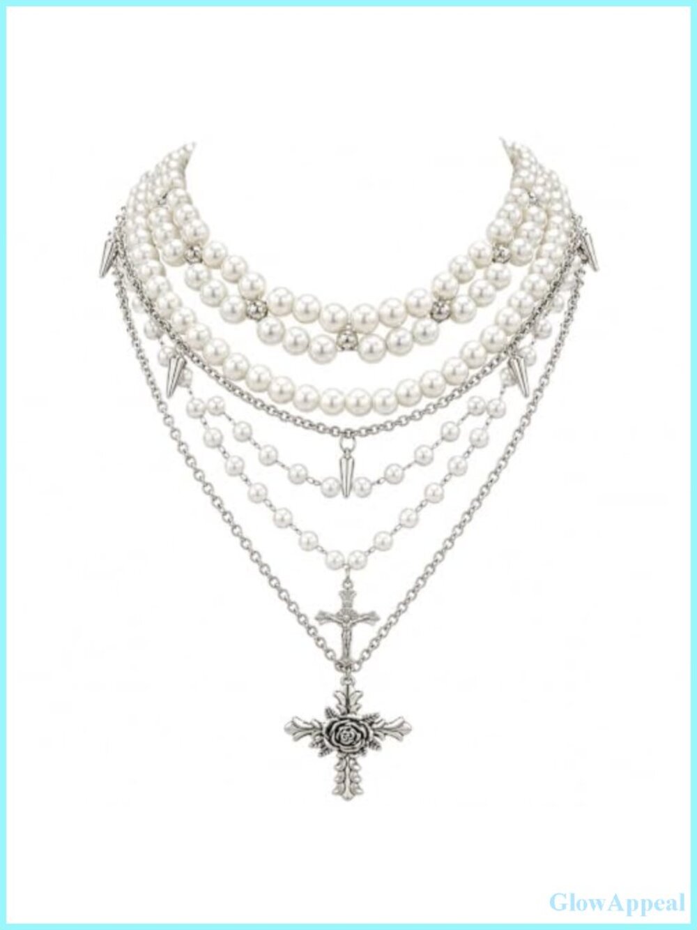 Layered Faux Pearl Goth Cross Necklace Adjustable Women Jewelry